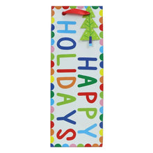 White holiday gift bag with 'HAPPY HOLIDAYS' text, small tree icons, and red handle