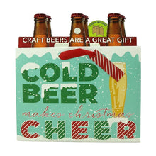 Beer gift bag, mint green with holiday text, beer bottles print, red rope handle
