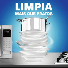 Cleaning promotional graphic with stacked plates and cookware silhouettes