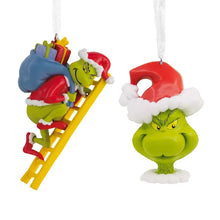 Hallmark Grinch on ladder ornament with Santa hat, red and green details