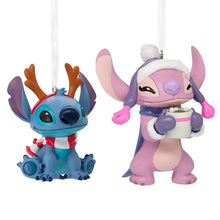 Set of 2 Disney Stitch ornaments: blue reindeer with antlers, purple angel with halo