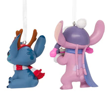 Set of 2 Disney Stitch ornaments: blue reindeer facing left, purple angel with pom-pom halo
