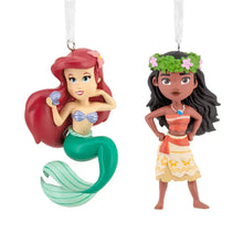 Set of 2 princess character ornaments: red mermaid and island girl, hanging