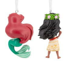 Set of 2 princess character ornaments, side view: red mermaid and island girl, hanging