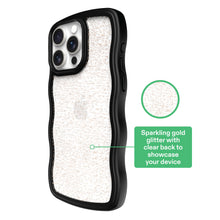 Black bumper phone case with gold glitter speckled back and wavy side grip detail