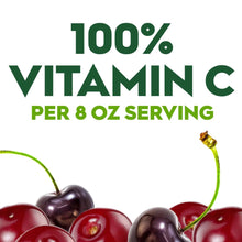 100% vitamin C per 8 oz serving text with cherry and fruit illustrations