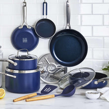 Blue Diamond blue ceramic nonstick cookware set with pans, lids, steamer plate, and tools