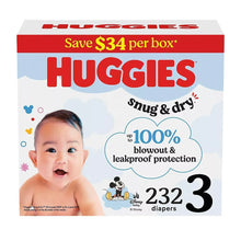 Huggies Snug & Dry diaper box, size 3, with baby photo and 232-count label