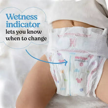 White printed diaper showing a wetness indicator panel near the waistband