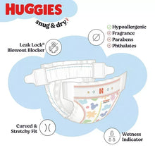 Diaper product diagram with Leak Lock Blowout Blocker, stretch fit, and wetness indicator