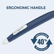 Ergonomic toothbrush handle, dark blue grip with Colgate logo and 40% recycled badge