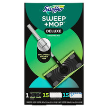 Swiffer Sweep + Mop Deluxe sweeping kit box with mop head and collapsible pole