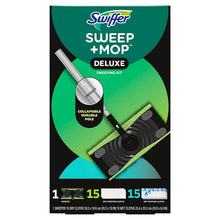 Swiffer Sweep + Mop Deluxe sweeping kit box with mop head and cloths