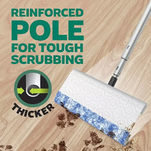 Swiffer mop pad with blue strip and reinforced pole on wood floor