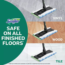 Swiffer mop cleaning finished floors with blue-cloth pads on wood and vinyl