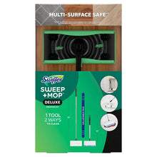 Swiffer Sweep + Mop Deluxe kit package showing included parts and 2-way cleaning