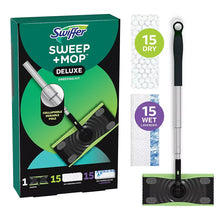 Swiffer Sweep + Mop Deluxe kit box with mop head and collapsible pole