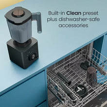 Countertop blender with clear jar and dishwasher rack holding included accessories