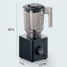 Countertop blender with clear jar, black lid, and dark base showing size dimensions
