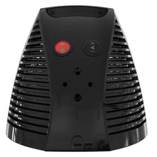 Black personal heater base with red power button and side vent openings