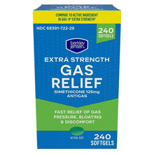 Gas relief simethicone softgels box, extra strength 240, blue and green front panel