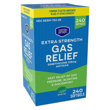 Gas relief simethicone softgels box, extra strength 240, side view with text