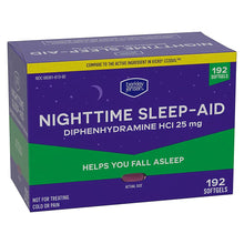 Nighttime sleep-aid box side panel, diphenhydramine HCl 25 mg softgels, 192 count