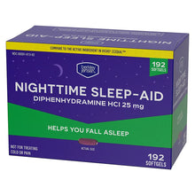Nighttime sleep-aid diphenhydramine HCl 25 mg box with green band, 192 softgels