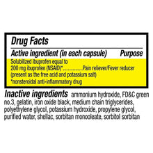 Ibuprofen softgel Drug Facts label showing active and inactive ingredients