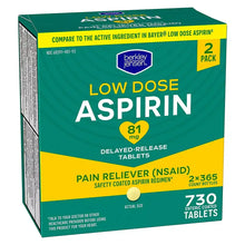 Berkley Jensen low-dose aspirin delayed-release tablets box side, 81 mg, 730 enteric-coated