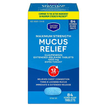 Blue box of mucus relief tablets with guaifenesin extended-release and 12-hour badge