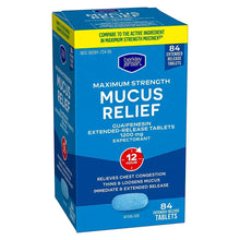 Blue medicine box with maximum strength mucus relief text and 84 extended-release tablets