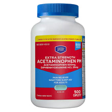 Acetaminophen PM caplets bottle with blue cap and red front label
