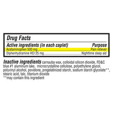 Drug Facts panel for acetaminophen 500 mg nighttime pain reliever
