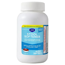 Stool softener softgels bottle with white cap, blue front label, 400 softgels