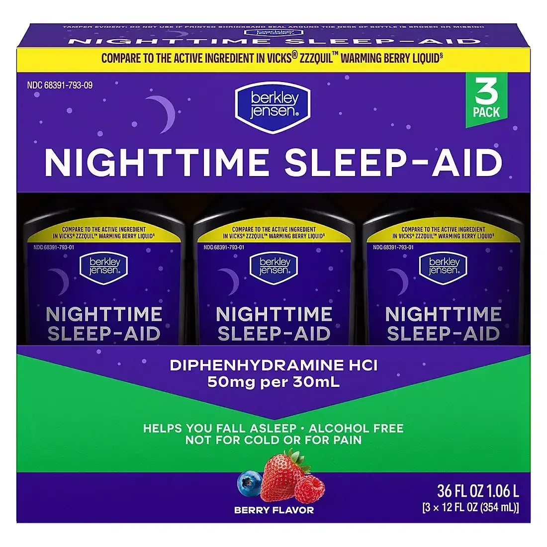 Berkley Jensen Nighttime Sleep Aid Diphenhydramine HCl 50 mg Liquid, 12 fl oz Bottles, 3 Pack