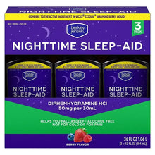 Nighttime Sleep-Aid diphenhydramine HCl liquid 3-pack, berry flavor bottle carton