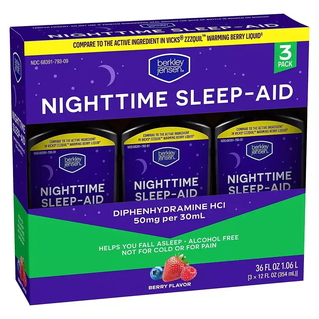 Berkley Jensen Nighttime Sleep Aid Diphenhydramine HCl 50 mg Liquid, 12 fl oz Bottles, 3 Pack