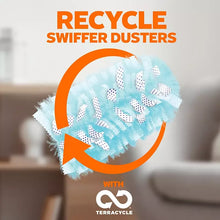 Swiffer duster refill with light blue fibers shown in a recycle loop