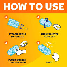 Swiffer duster refill and short handle, shown in four usage steps