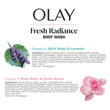 Olay Fresh Radiance body wash label: Birch Water & Lavender and Rose Water & Sweet Nectar