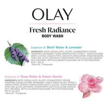 Body wash label close-up with birch water & lavender and rose water & sweet nectar