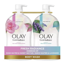 Body wash bottles with scent band: rose water & sweet nectar and birch water & lavender