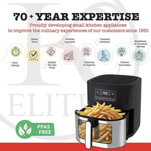 Air fryer with fries in basket and viewing window, stainless body and black lid