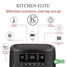 Air fryer top with digital display, start/pause button, and touch controls, black housing