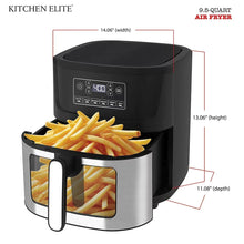 9.5-qt air fryer with viewing window and fries in basket, brushed stainless housing