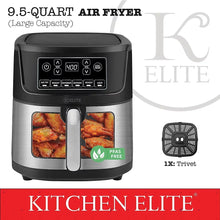 9.5-qt air fryer with viewing window showing cooked food and vertical handle, stainless