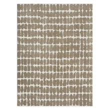 Gray area rug with repeating distressed grid and small arch patterns