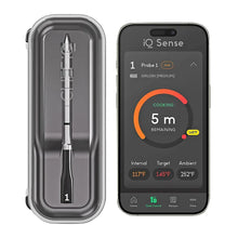 Smart wireless meat thermometer with probe in charging case and app status screen
