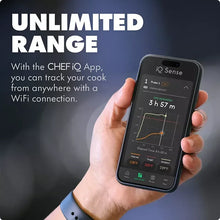 Chef iQ Sense app on smartphone showing cooking time, target temperature, and graph